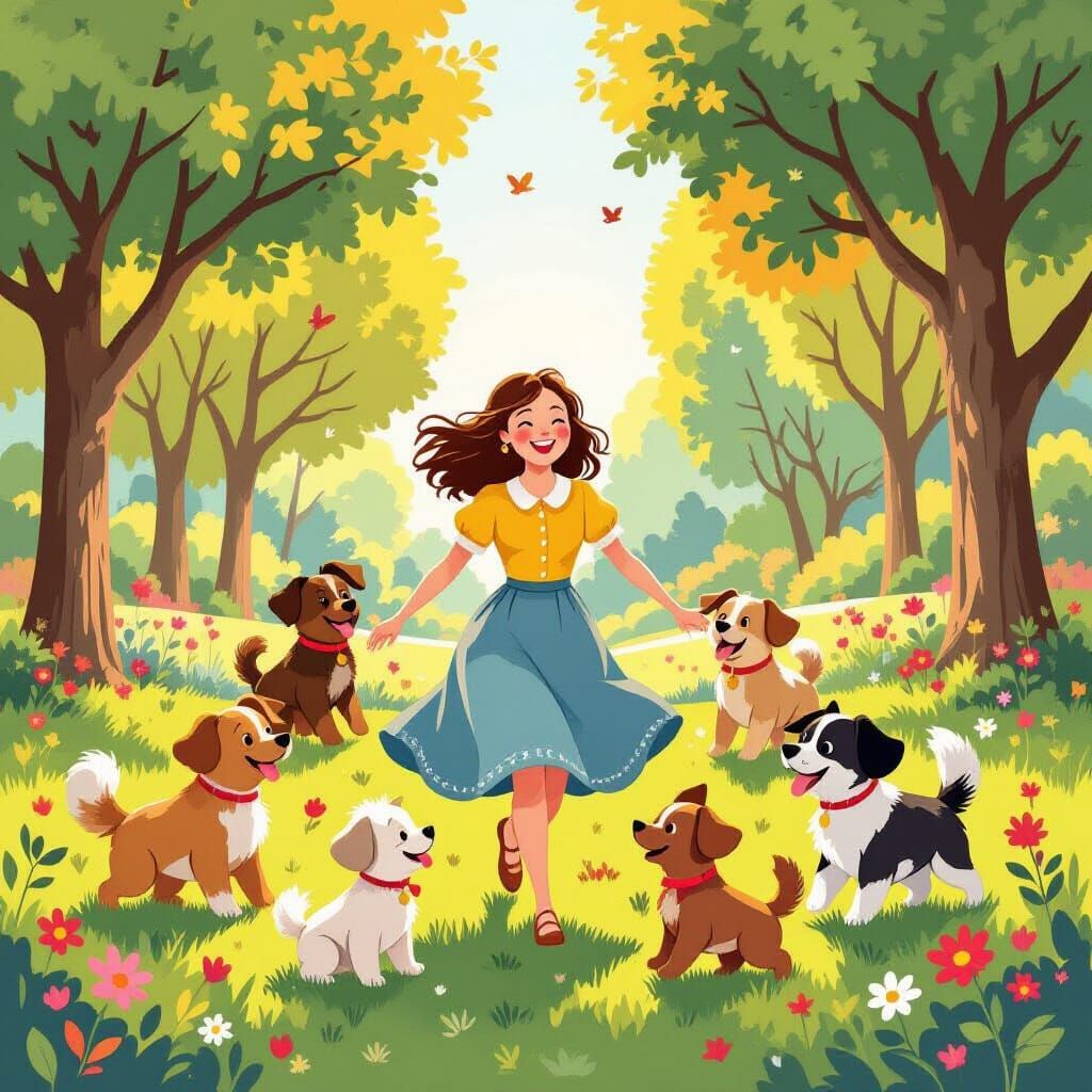 Woman with Joyful Dogs in Sunny Park, Whimsical Illustration