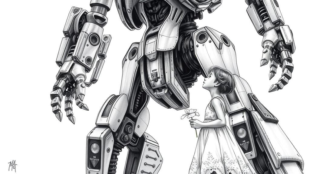 Girl in Wonder, Surrounded by a Majestic Robot in Charcoal D...