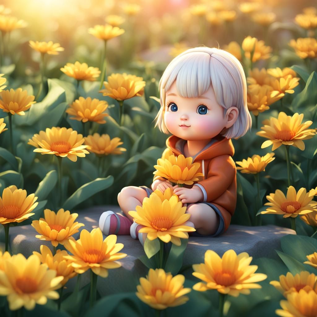 Dreamy Chibi Girl on Flower in Spring Sunlight