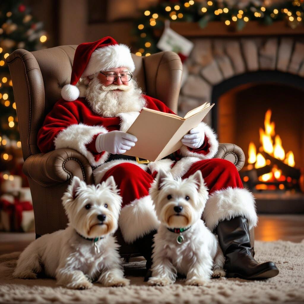 Santa Claus Reads Naughty and Nice List by Fireplace with Do...