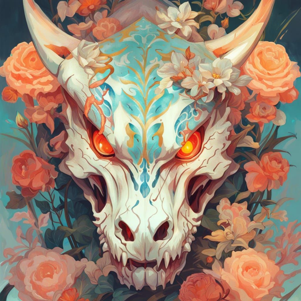 Glowing Dragon Skull with Flowers: Digital Art