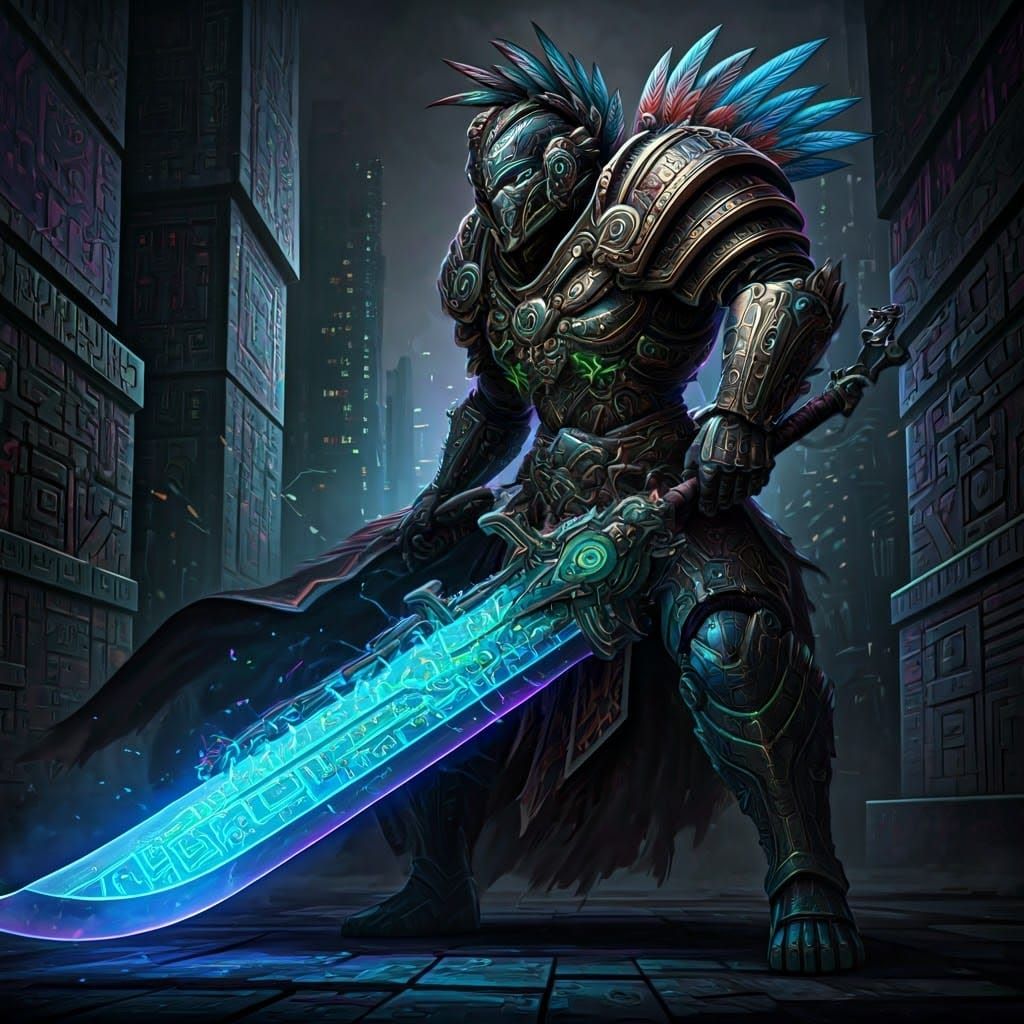 Cyberpunk Barbarian Mid-Battle with Glowing Aztec Armor