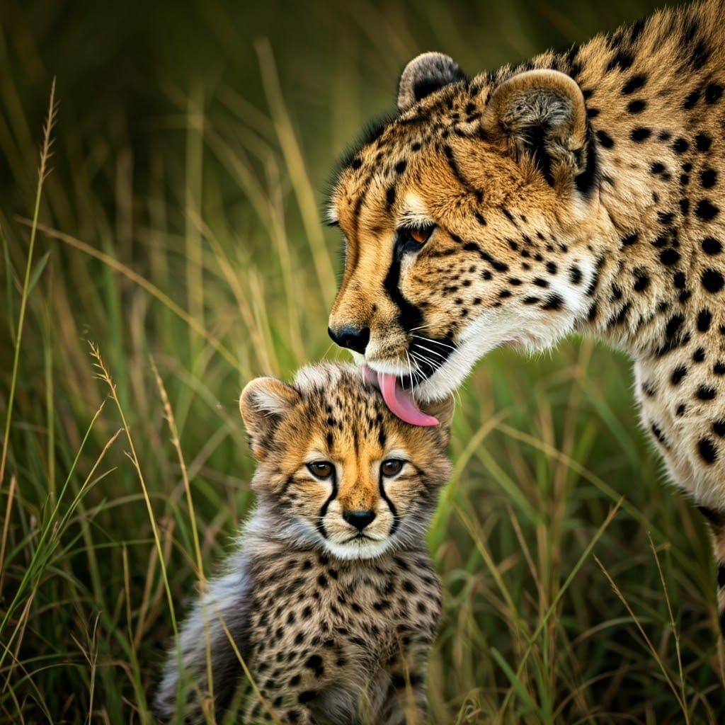 Cheetah Mother Licking Cub in Tall Grass