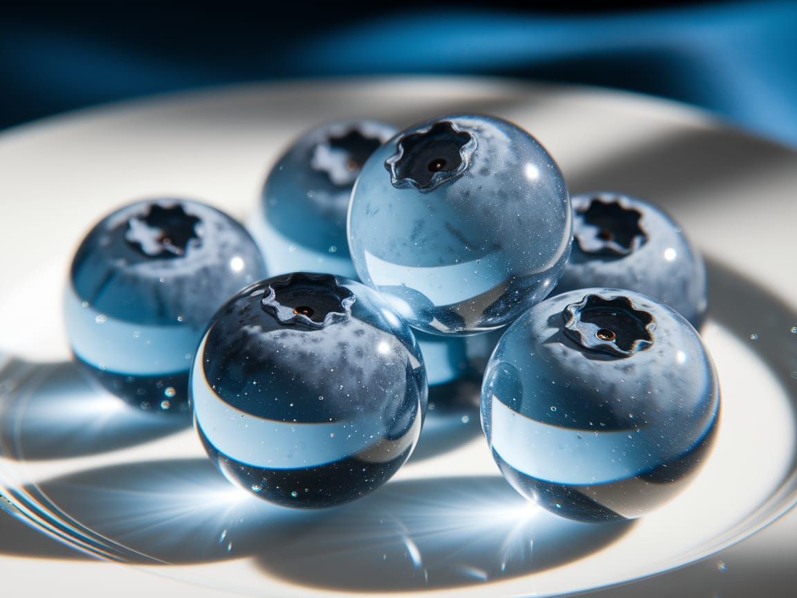 Glistening Glass Blueberries on White Plate