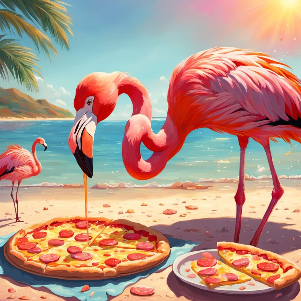 Pink Flamingo's Beach Pizza Party: Vibrant Digital Art