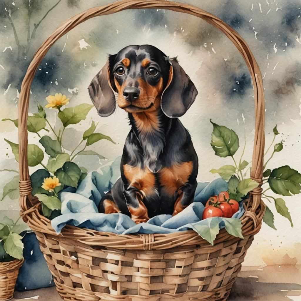 Watercolor Dachshund in Basket Painting