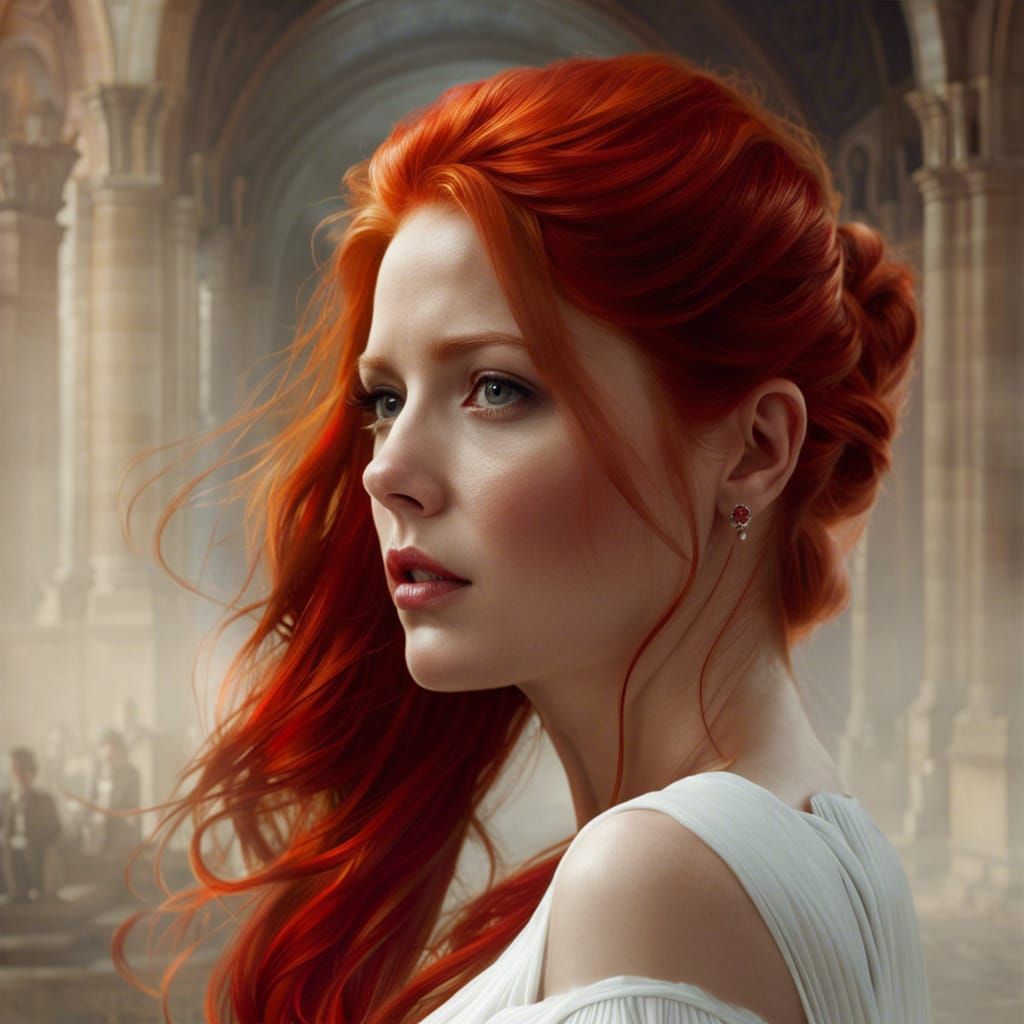 Cinematic Portrait of Red-Haired Woman in Chiaroscuro Style