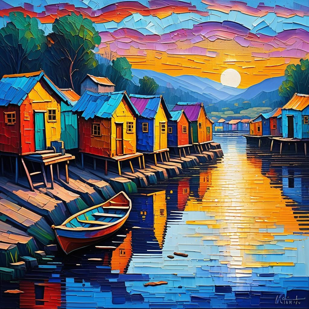 Riverside Shanty Town: A Neo-Impressionistic Sunrise