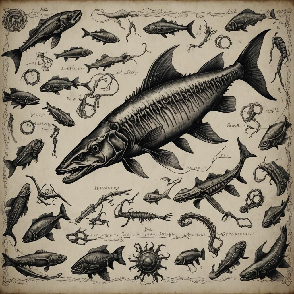 Anatomical Fish Drawing in Lovecraftian Style