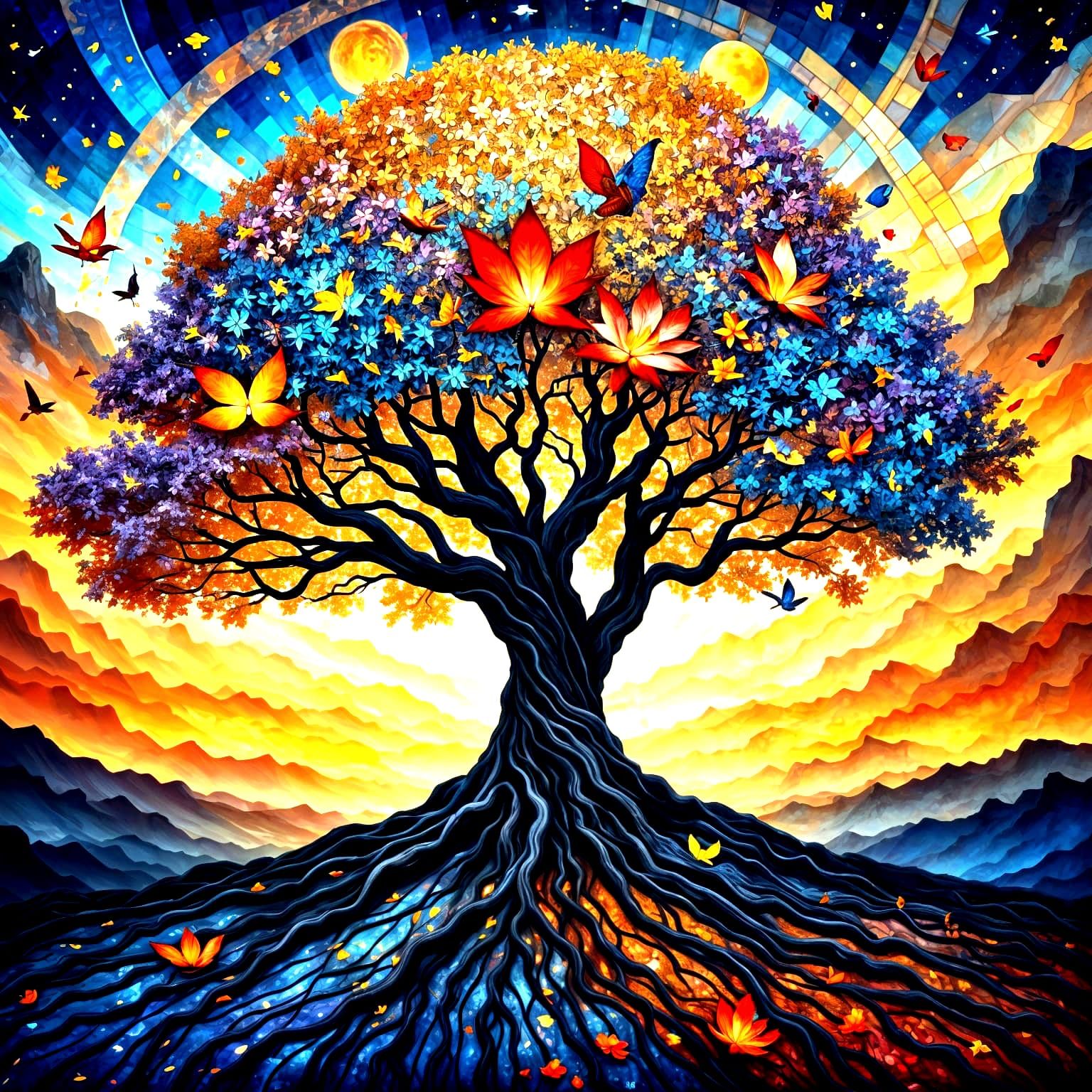 Ancient Mosaic Tree Against Volcanic Dawn