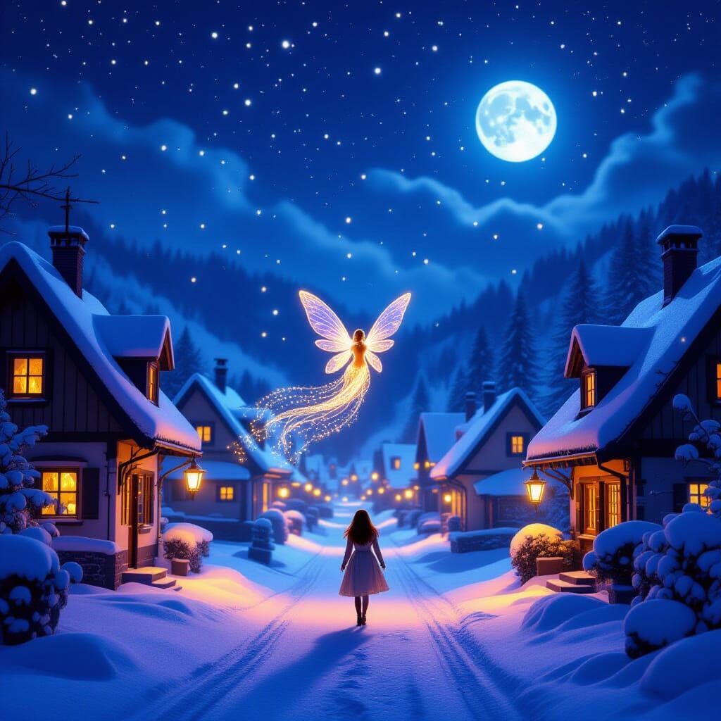 Magical Snow Village at Night with Floating Fairy