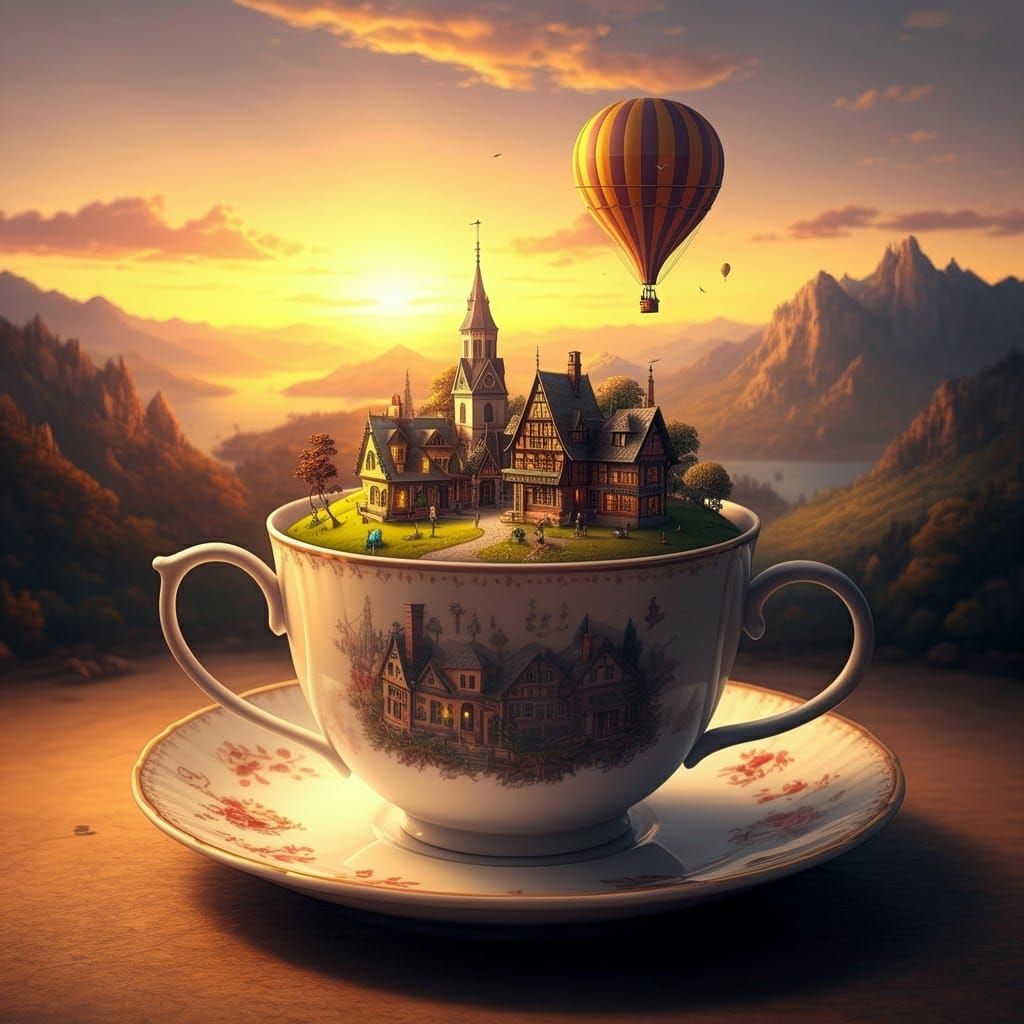 Cubist Town in Teacup with Golden Sunset