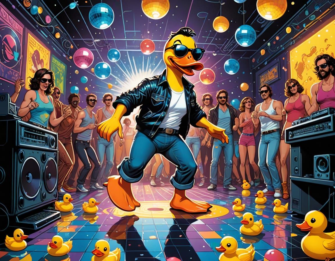 Dancing Duck Disco Scene in Retro Comic Book Style