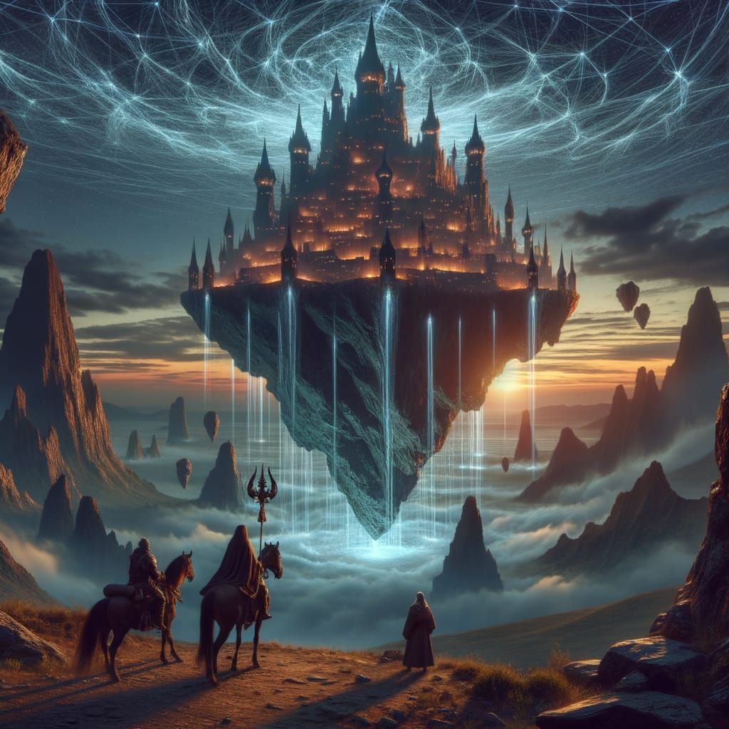 Obsidian Castle on Floating Island at Dusk, Mystical Energy