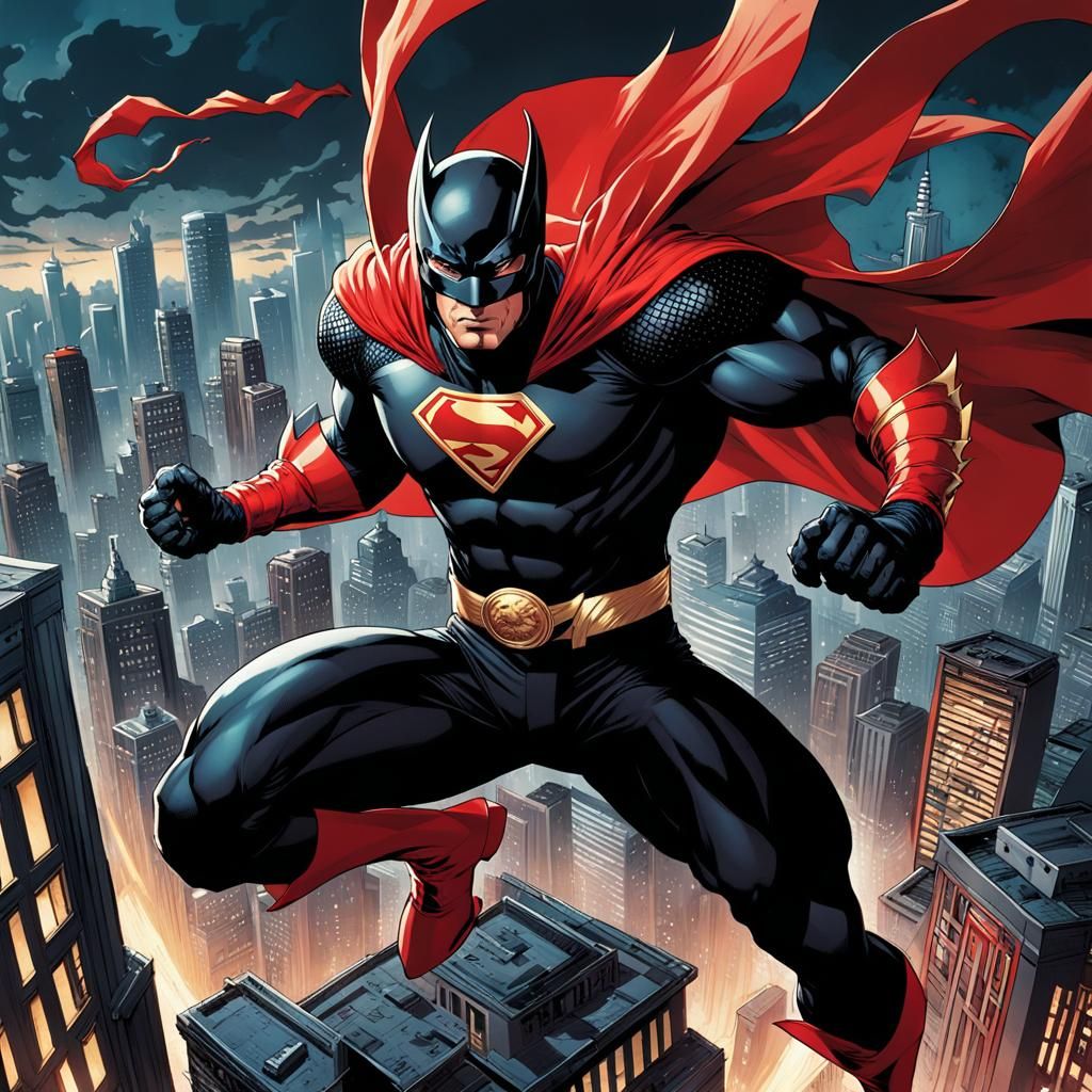 A muscular dressed in black tightsuit and a red cape like a super ninja holding two large shrunken in his hands wielding...