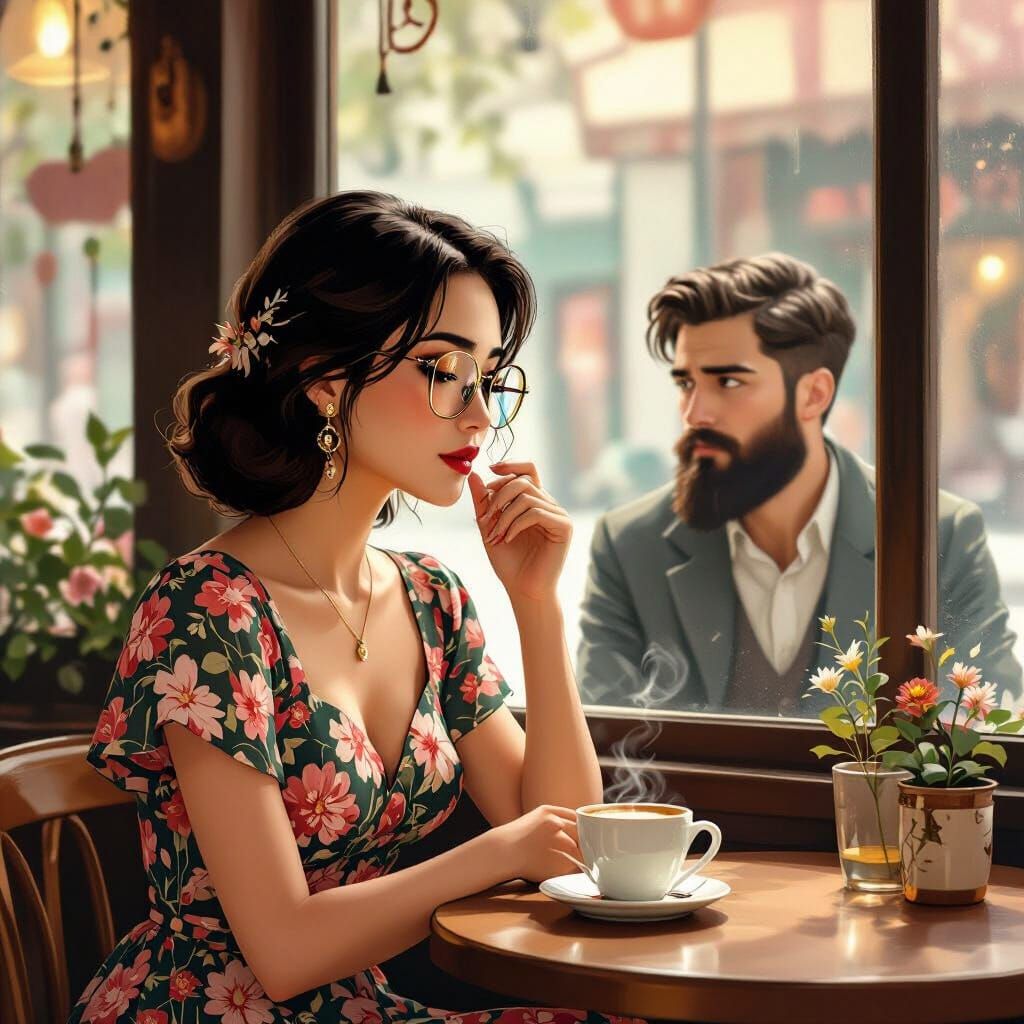 Heartbroken Woman in Coffee Shop, Art Nouveau Style