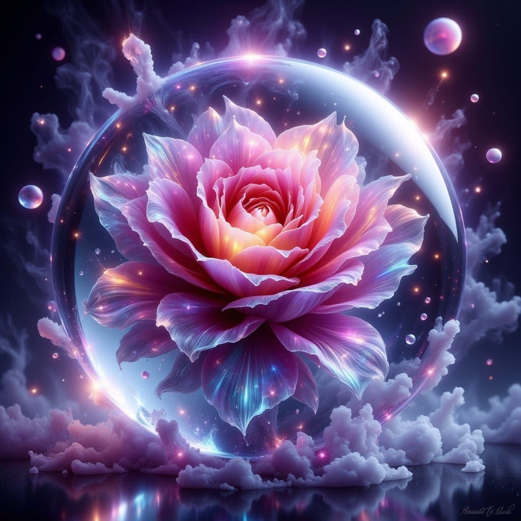 Crystal Rose Petals Shimmering in a Violet Smoke-Filled Ball