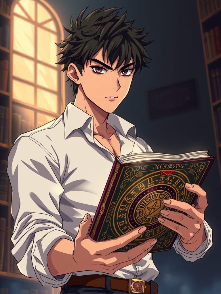 Dashing Young Man Opens Ancient Tome in Mysterious Library