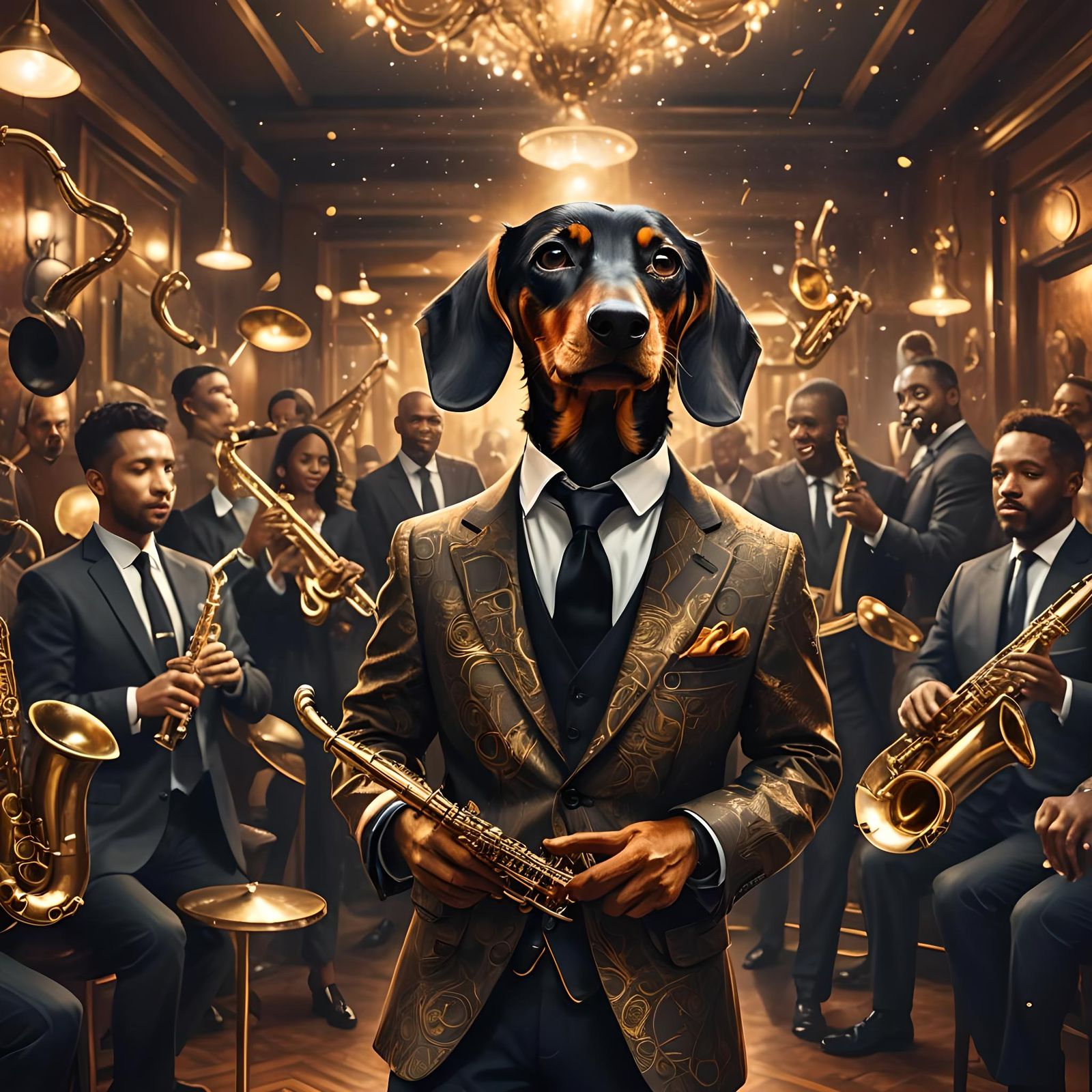 Dachshund Jazz Musician in Suit, Detailed Painting