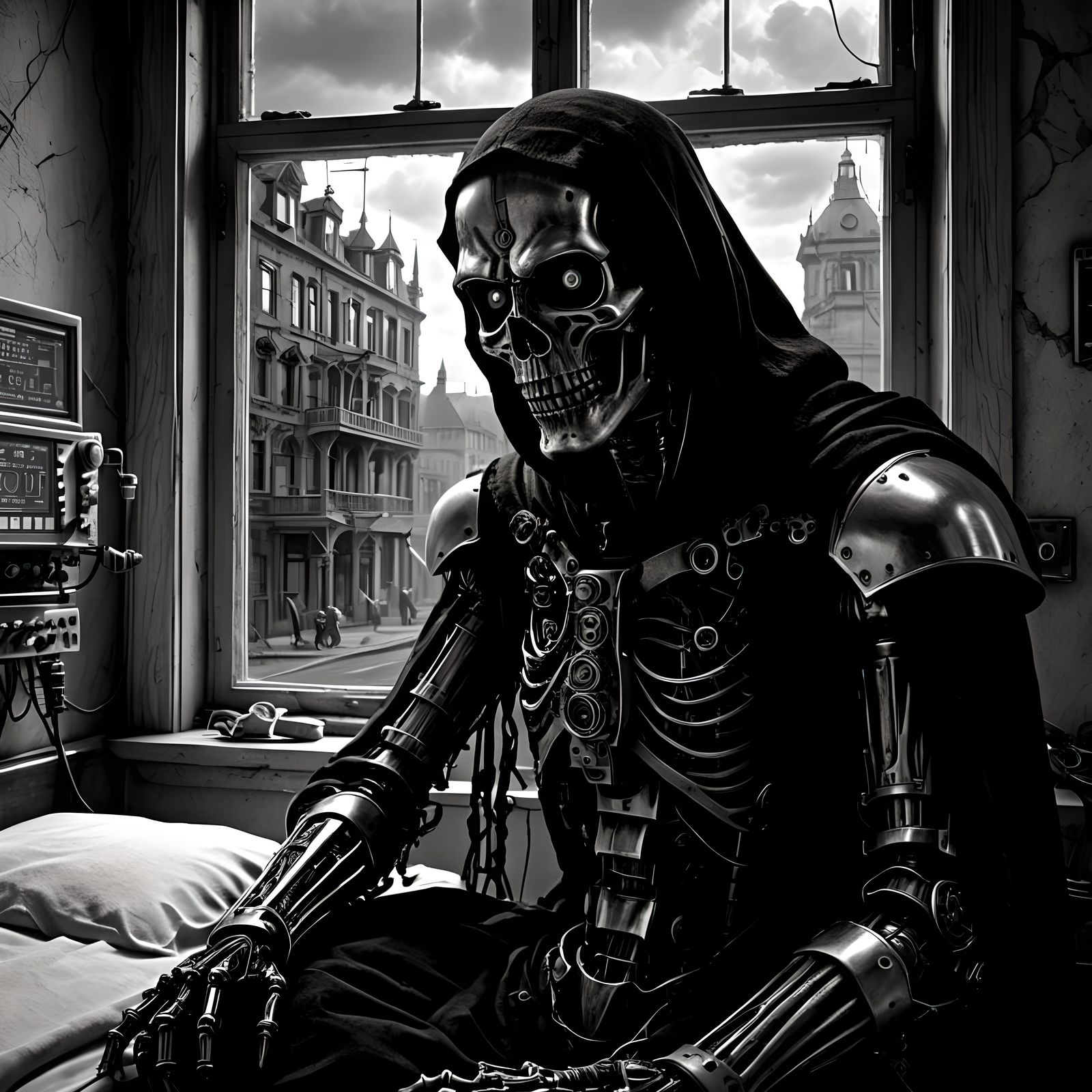 Steampunk Robot Grim Reaper in Biopunk Style