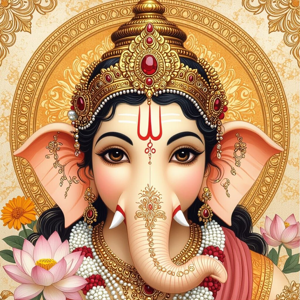 Lord Ganesha's Serene Face in Hyperrealistic Digital Art