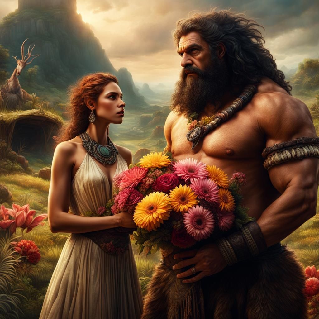 Caveman Offering Flowers to Redhead in Village