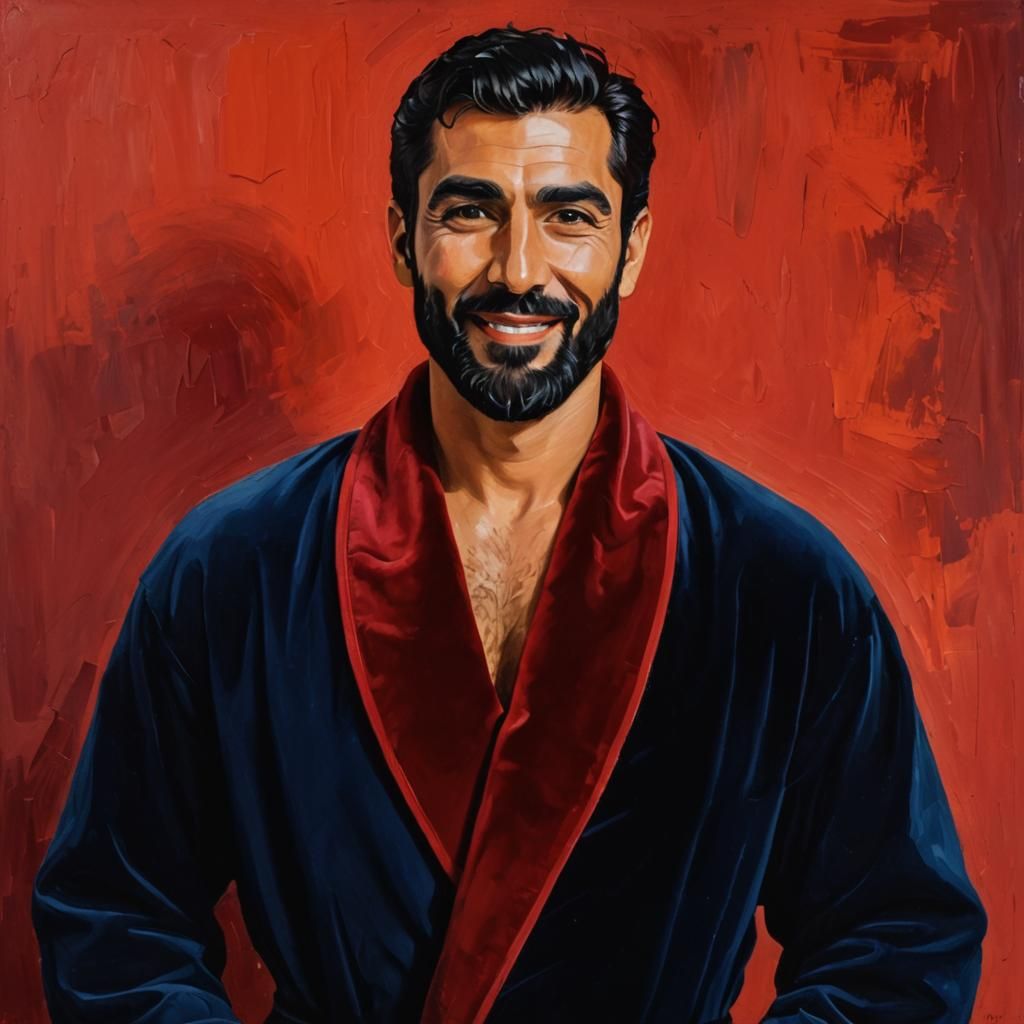 Cheerful Man in Velvet Robe: Impasto Gouache Portrait