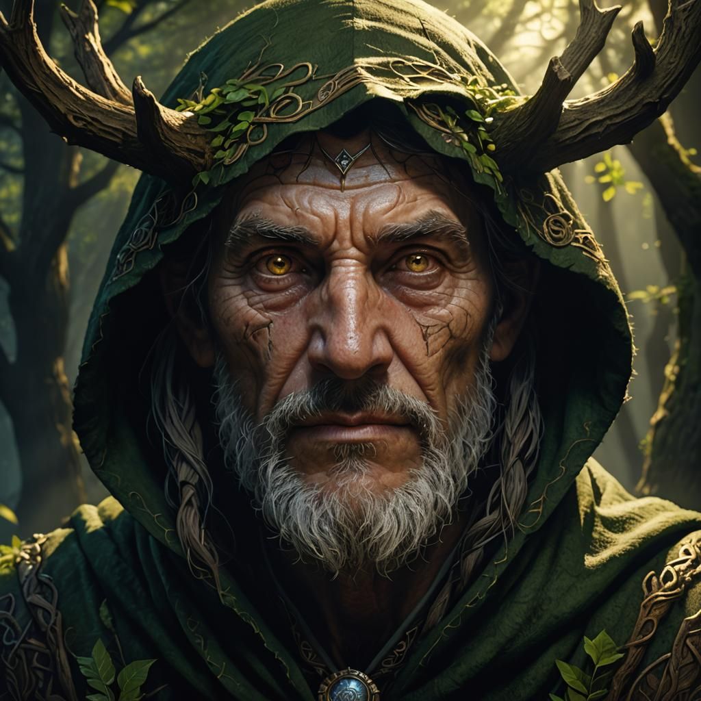 Torchlit Druid Portrait with Volumetric Lighting