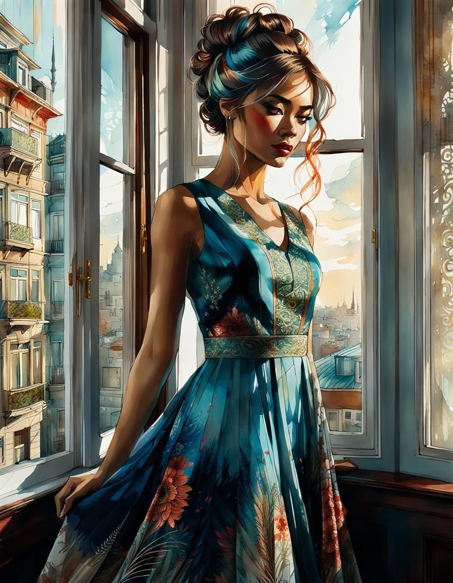 Watercolor Portrait of Girl in Istanbul Apartment