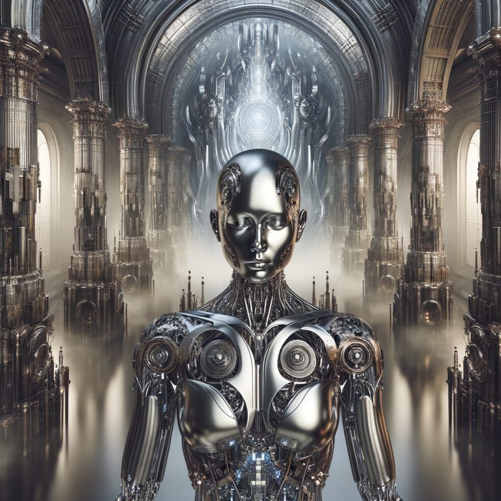 Biomechanical Woman in Surreal Cathedral