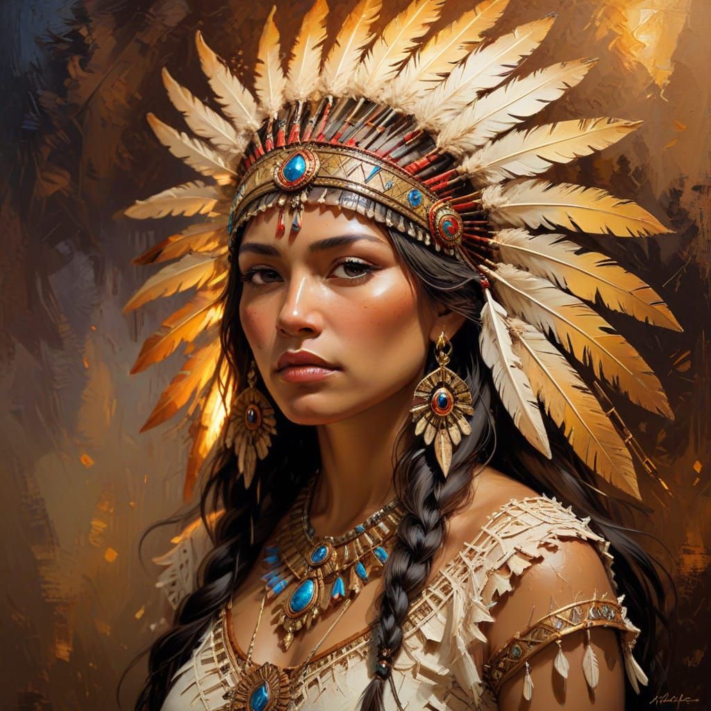 Regal Native American Woman in Impasto Oil Painting