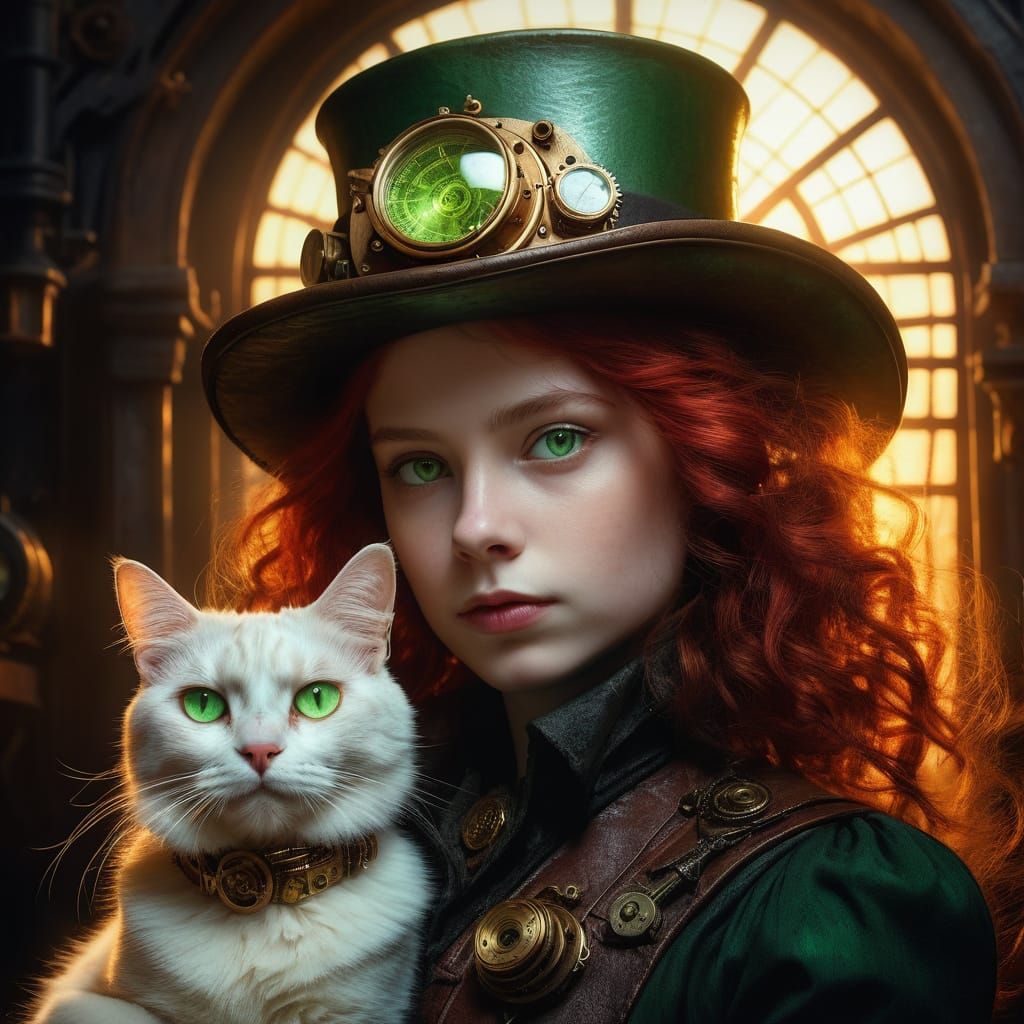 Steampunk Portrait of a Young Girl with a Gears-Adorned Cat