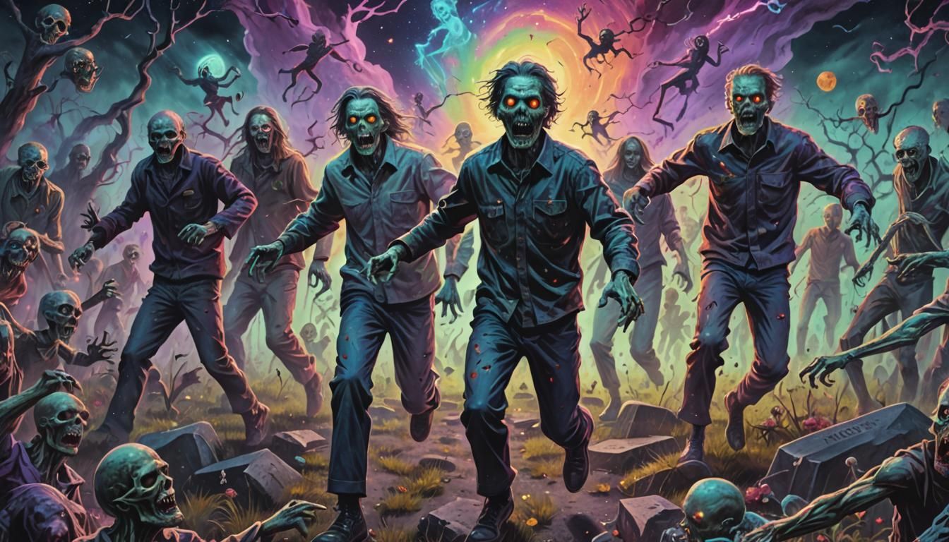 Zombies Chase People: Holographic Astral Illustration
