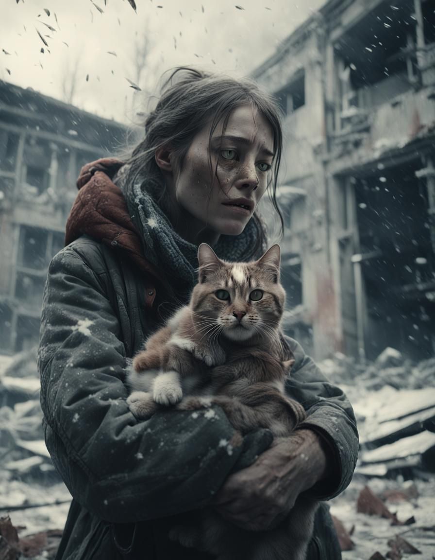 Woman Cries Holding Cat in Abandoned Post-Apocalyptic Buildi...