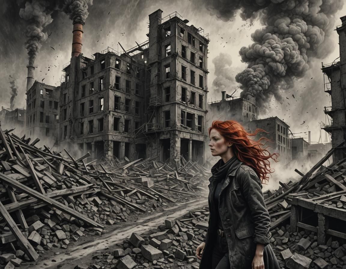 Woman in Ash Storm: Etching Style Illustration