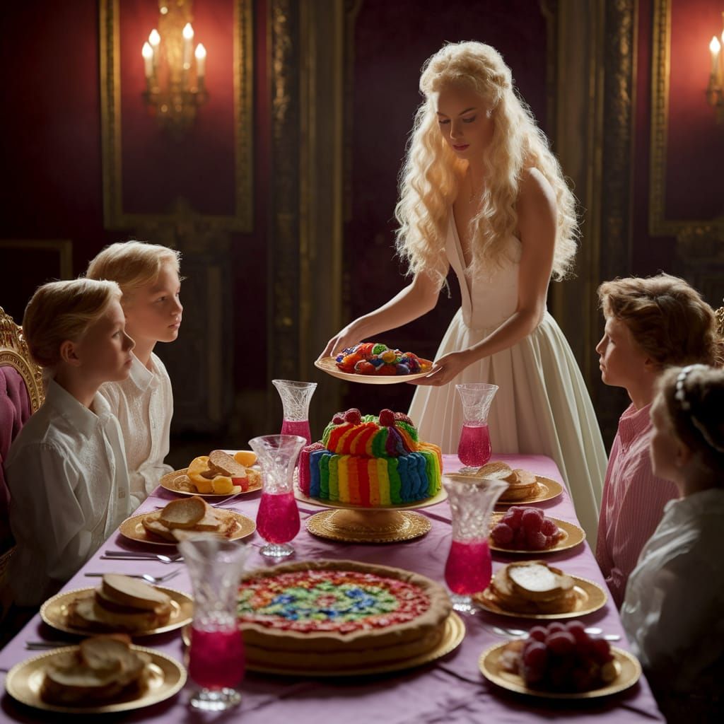 Woman Serving Food at Ornate Royal Table