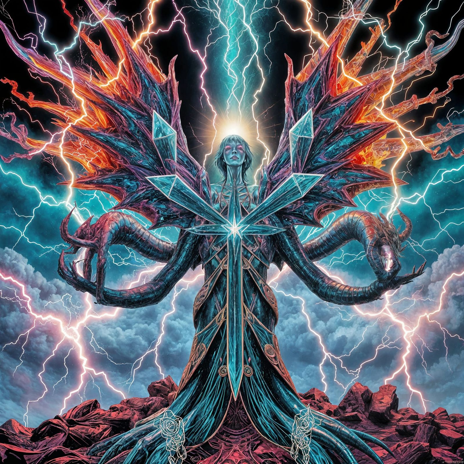 Surreal Deity Born from Hypersigils and Cosmic Lightning