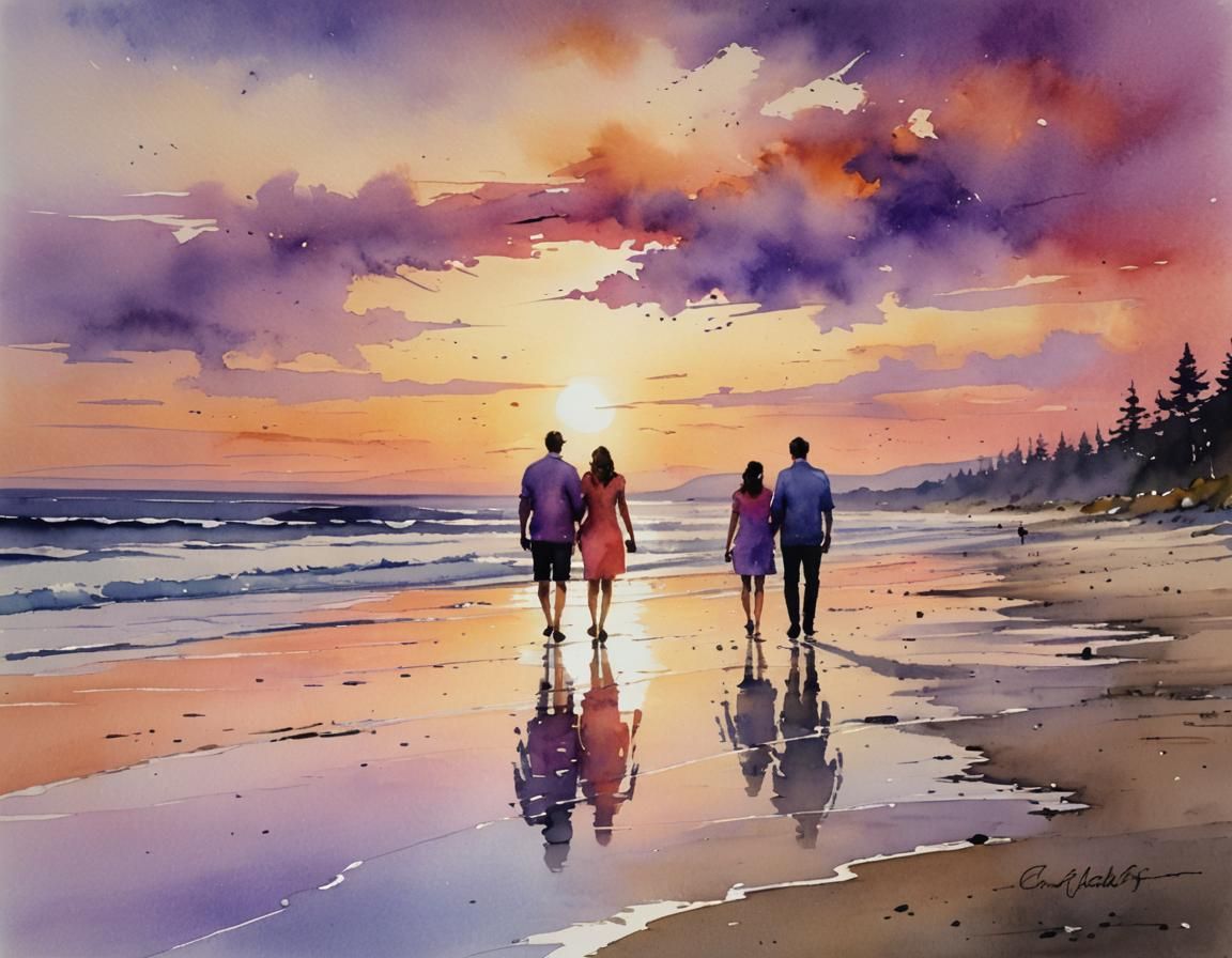 Beach Sunset Watercolor Painting of Strolling Couple