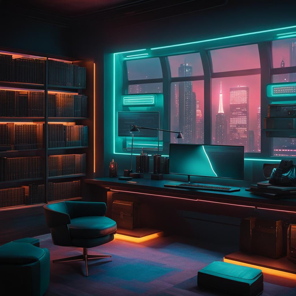 Library Window Seat in Cyberpunk Style