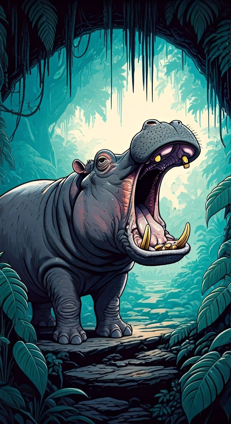 Photorealistic Hippopotamus in Jungle, Corben Aesthetic