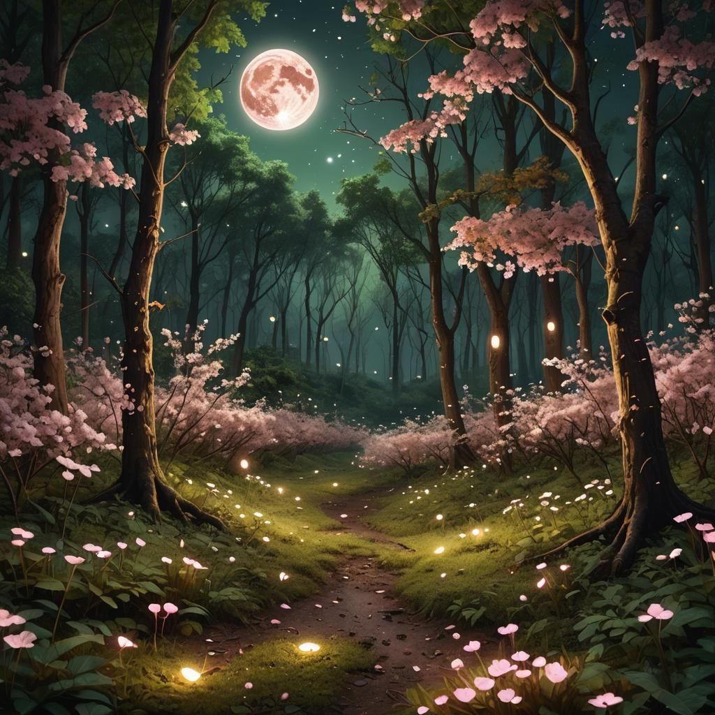 Magical Forest with Fireflies and Pink Moon
