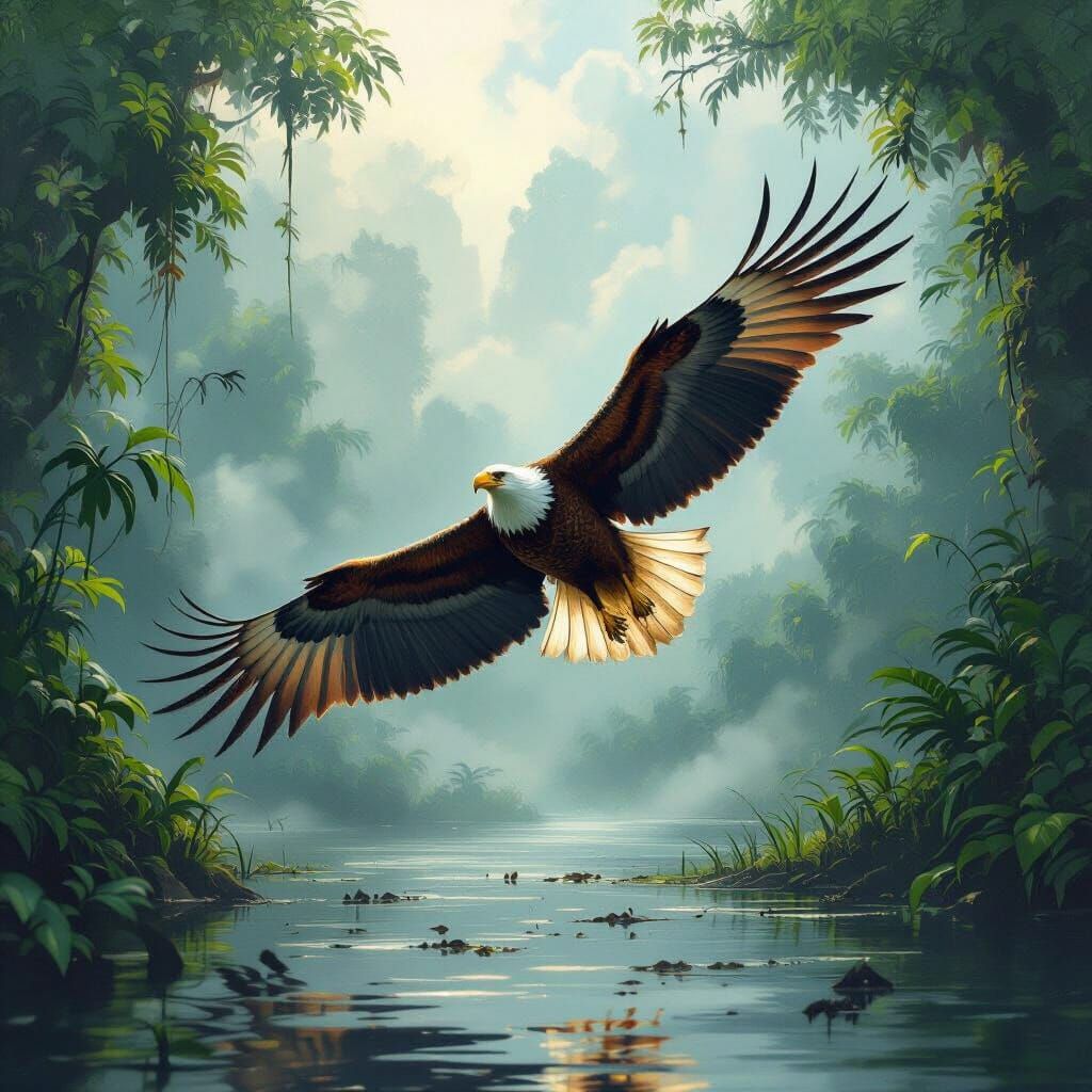 Eagle Soars Through Misty Amazon Jungle Skies
