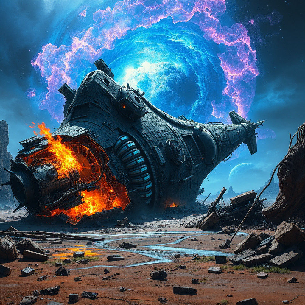 Crashed Spaceship on Alien Landscape