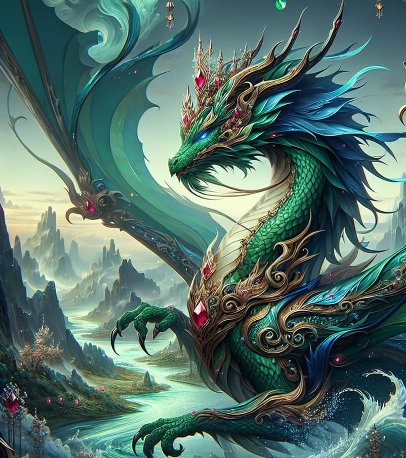 Majestic Green Dragon with Ruby Crown: Matte Painting