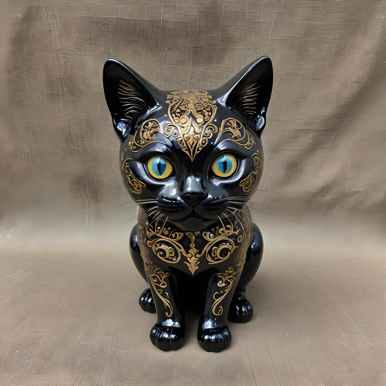 Ceramic Cat Sculpture with Gold Inlay