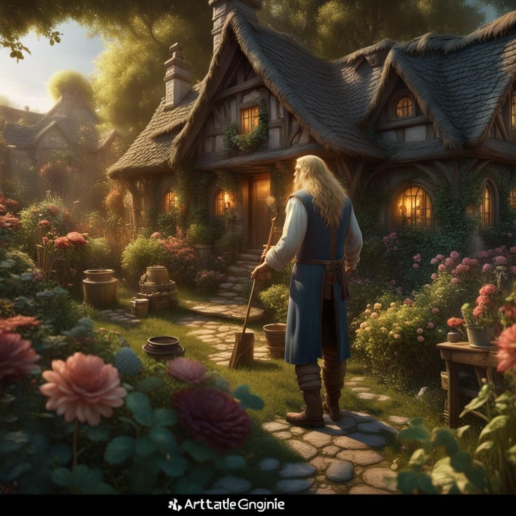 Golden-Haired Gardener's Cottage: Fantasy Concept Art