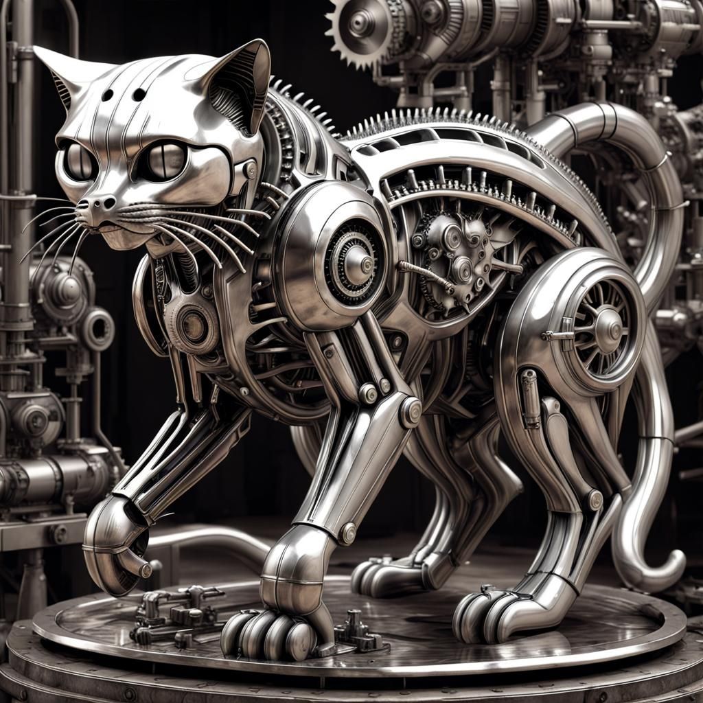 Steampunk Mechanical Cat in Post-Apocalyptic Style
