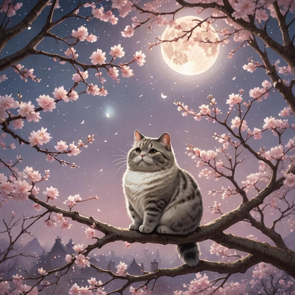 Pusheen Gazing at Moon in Kinkade Style