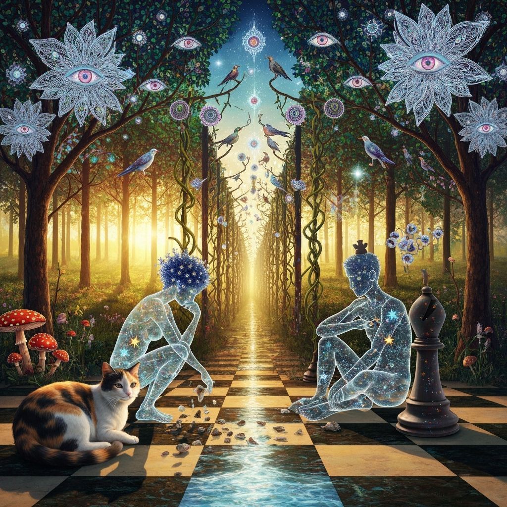 Surreal Chess Scene with Cat in Astral Forest