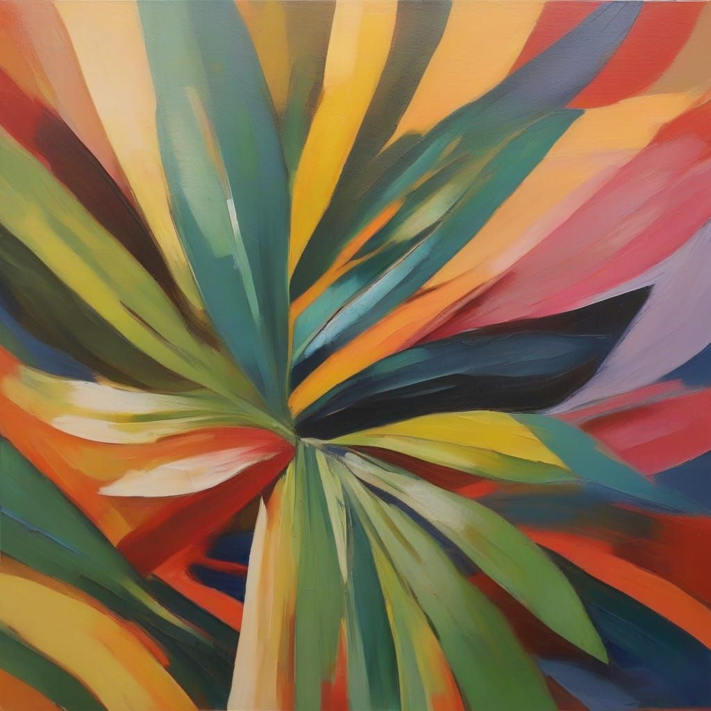 Vibrant Geometric Abstraction with Palm Leaves in Fauvist St...